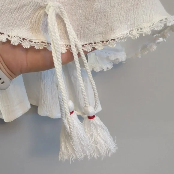 POL White Boho Peasant Blouse Tassel Tie Bell Sleeves Crochet Detail Medium - Picture 10 of 12